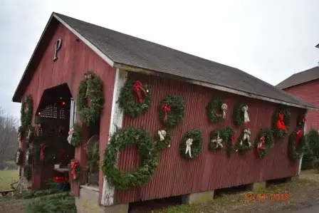 Wreaths displayed at Peterson Family Farm