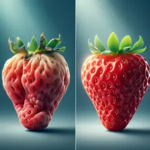 DALL·E 2024-03-15 10.12.40 - Create an image of an older, shipped strawberry next to a freshly picked strawberry. The background should be a solid color with a spotlight effect hi