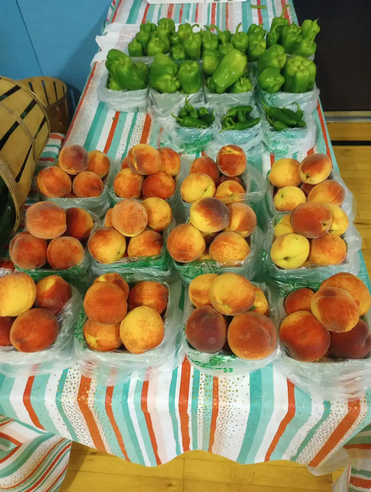 Peaches and peppers prepared for Peterson Family Farm CSA shares