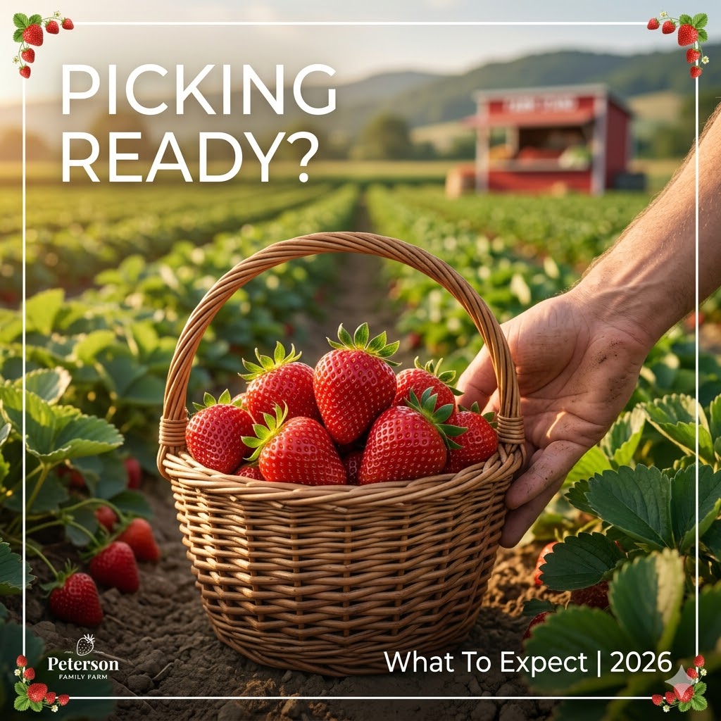 Picking ready strawberry basket reminder for Peterson Family Farm what to expect guide