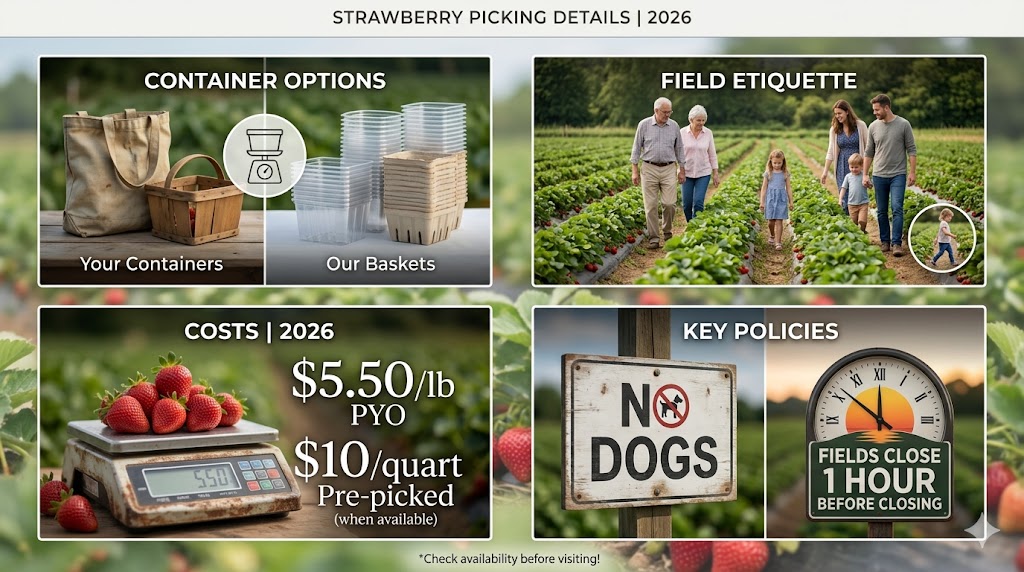 Strawberry picking details for 2026 including container options, field etiquette, costs, and policies