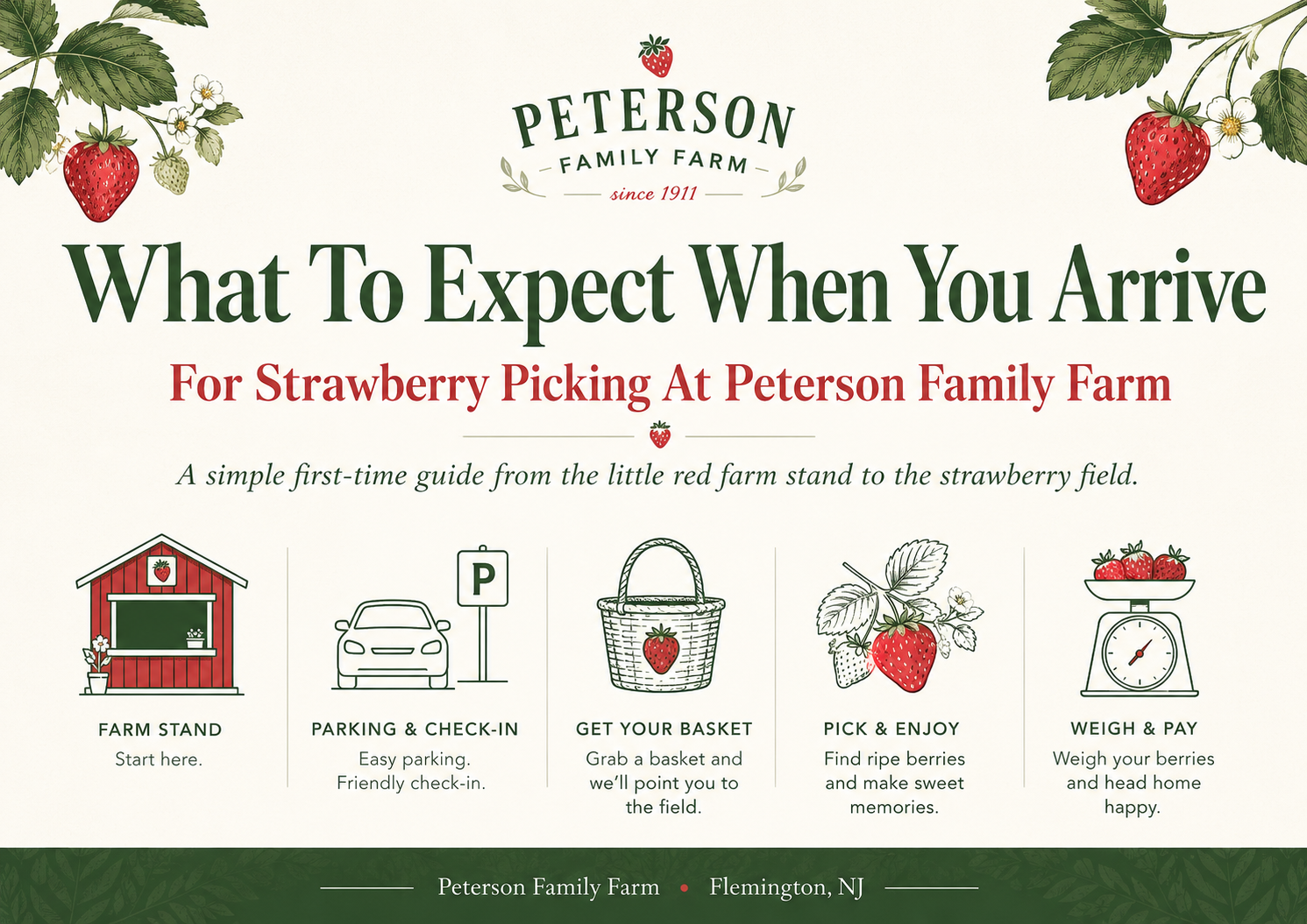 What to expect when you arrive for strawberry picking at Peterson Family Farm infographic